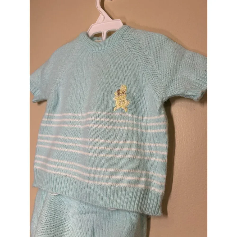 Vintage Heirloom Renro Italian Baby Blue Short Sleeve Knit Top w/Bloomers Medium
